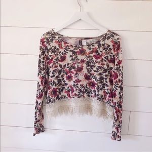 Coachella boho floral long sleeve top lace trim